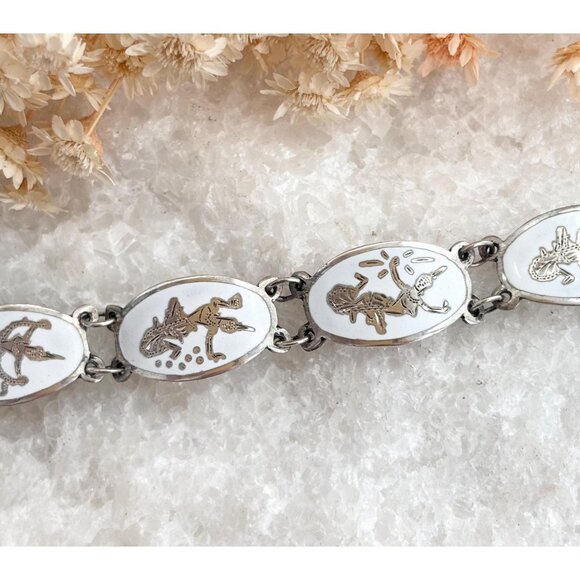 Siam Sterling Silver White Oval Enamel God & Goddess Figure 925 Vintage Bracelet - Picture 1 of 10